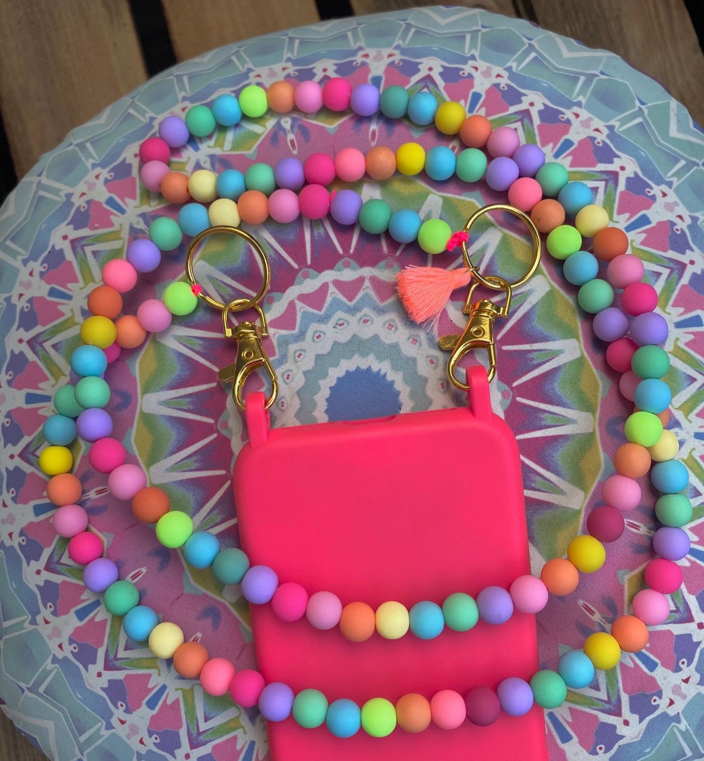 Handykette bunt Perlen Quasten Boho Hippie Bodycross ( ohne Hülle) Acrylperlen